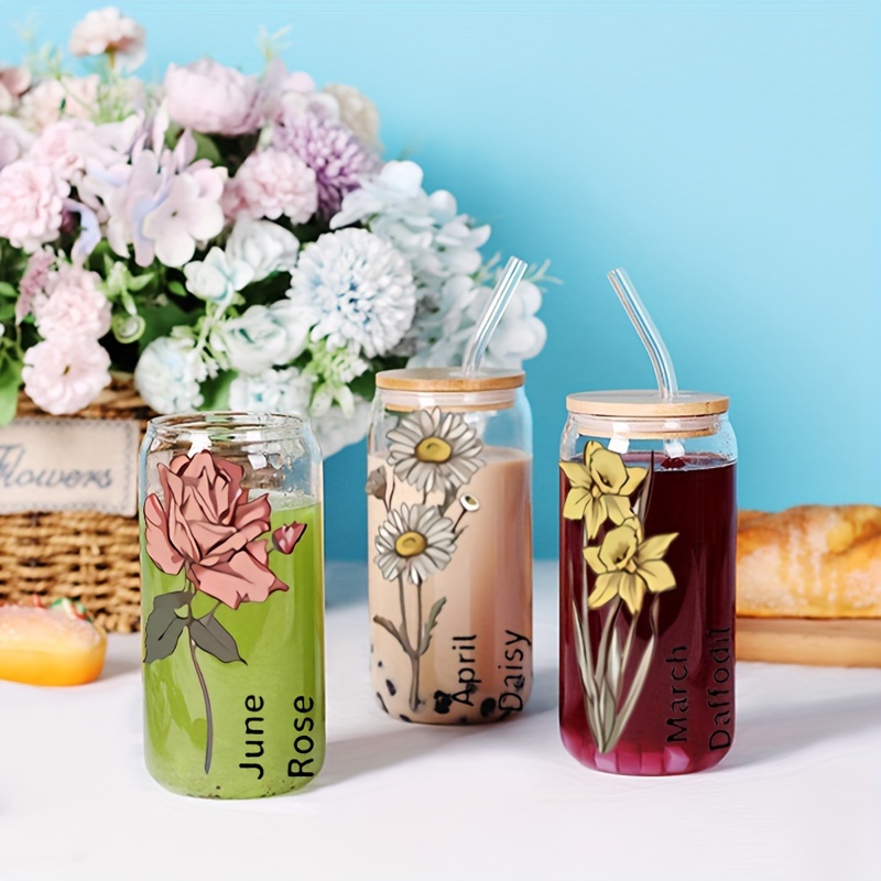 Floral Glass Can Tumbler with Glass Straw, Boho Glass Tumbler, Glass  Tumbler, Gift Idea, Boba Glass, Cute Glass Tumbler, Glass Can, Floral