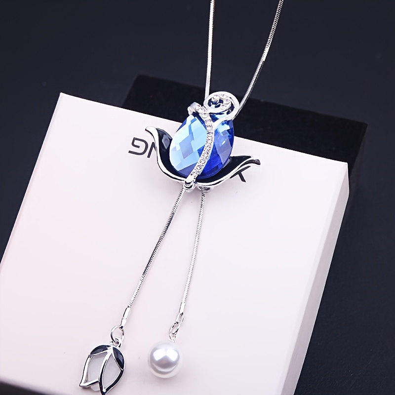 

1pc Vintage Style Blue Rose Pendant Lariat Necklace, Elegant Fashion Long Chain With Artificial Diamond Accents, Trendy Women's Y Shape Necklace Jewelry For All Occasions