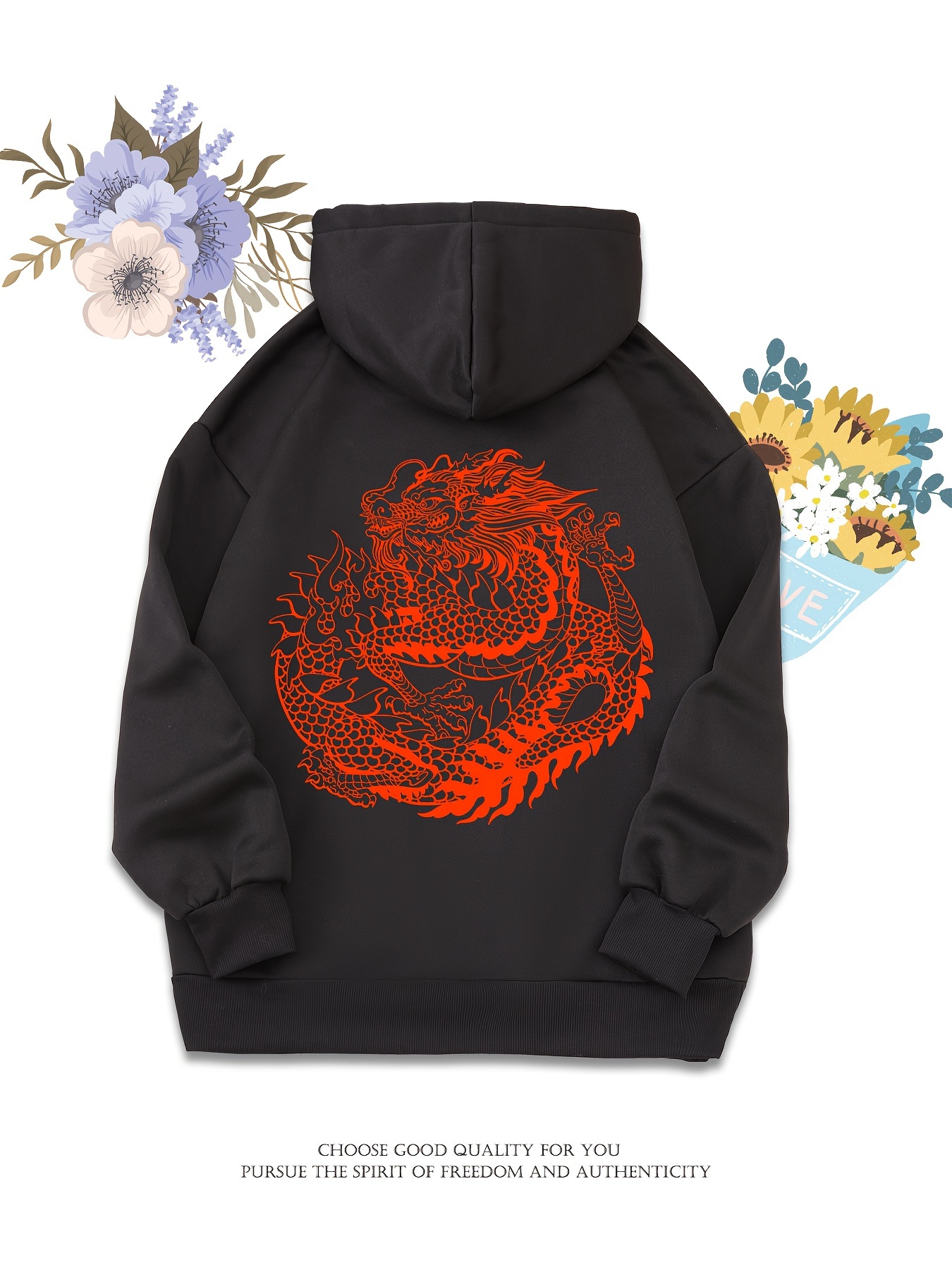 Dragon Print Solid Color Drawstring Hoodie Pullover - Temu