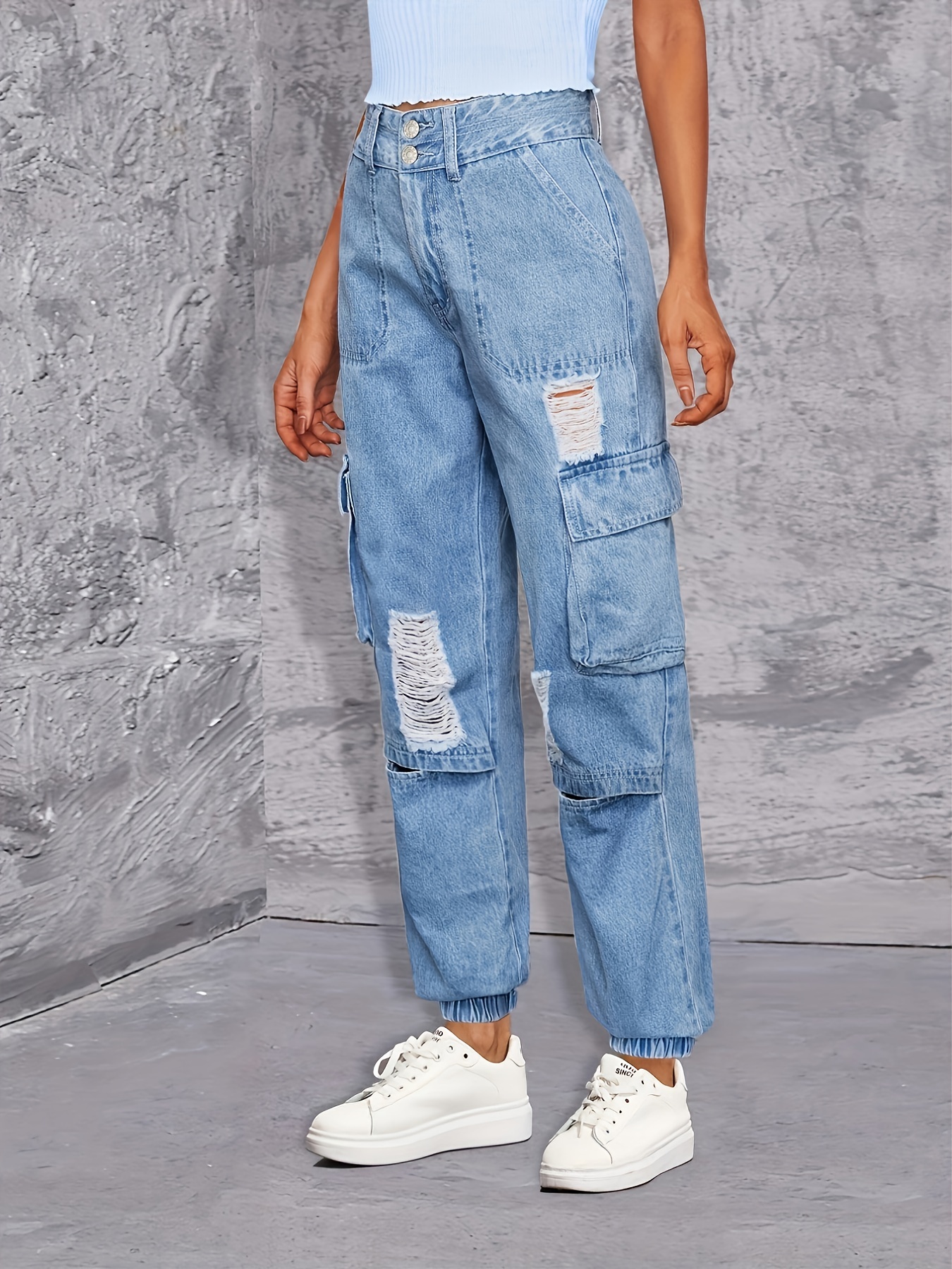 Blue Cargo Pockets Straight Pants Ripped Holes Non stretch - Temu