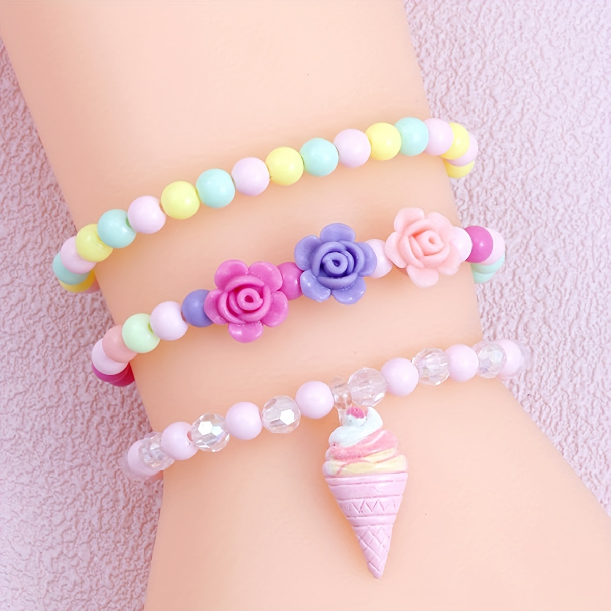 3pcs/set Cute Sweet Cone Charm Flowers Decor Beaded Bracelets For Kids,  Random Colors, Daily Decorations