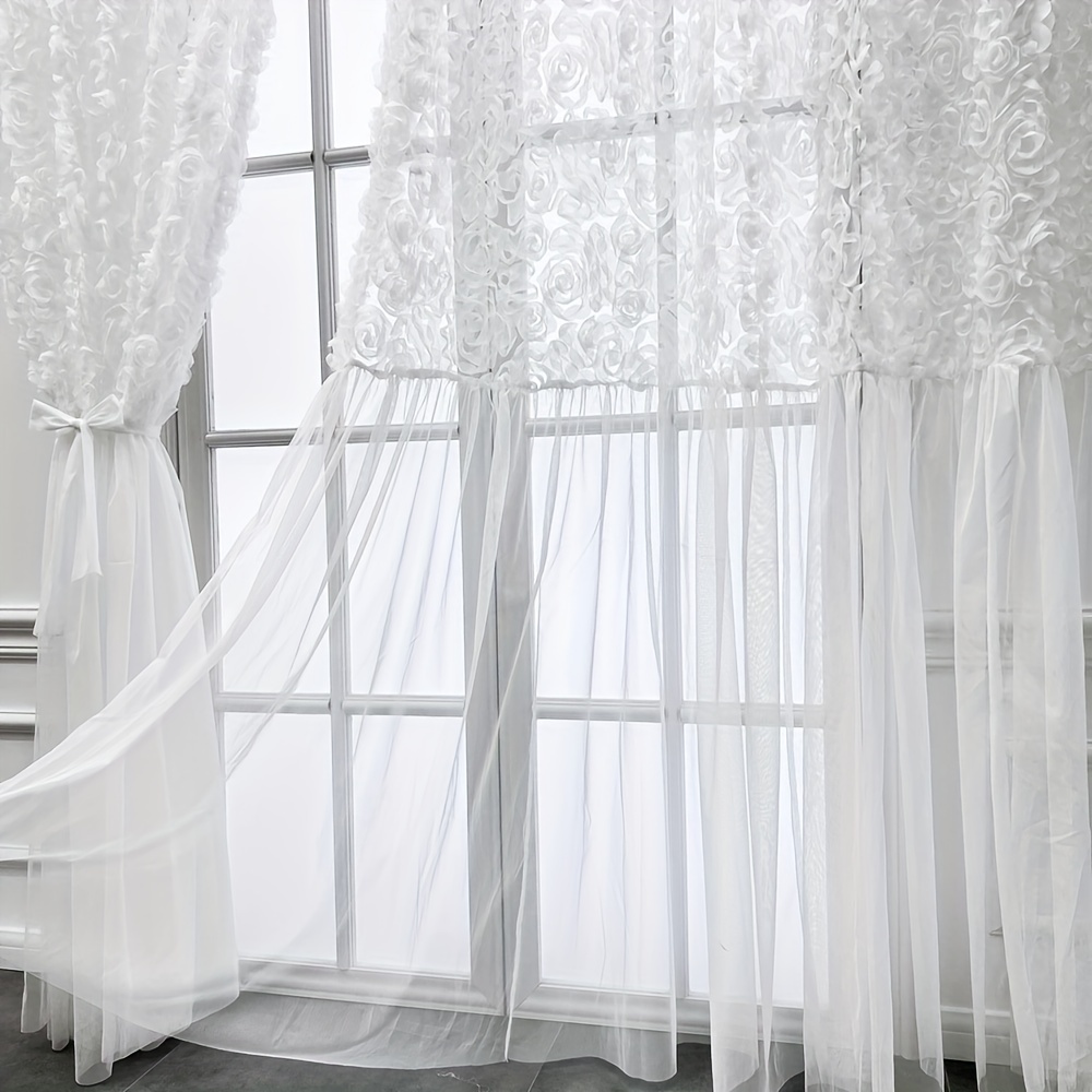 Cortina semiopaca para ventana, cortina transparente con sombreado de luz,  bordado europeo, tul, gris, Floral, cenefa