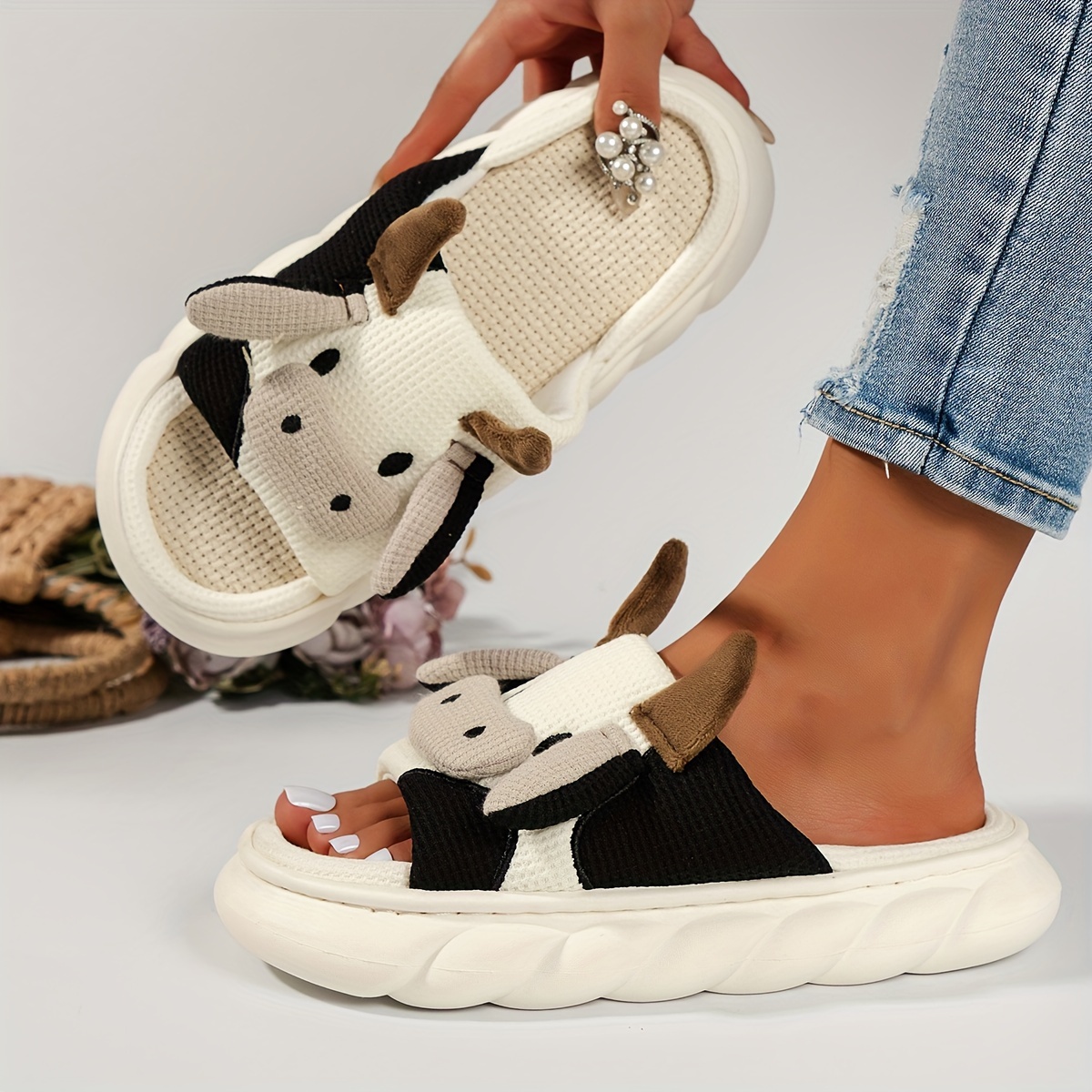 Cute Cartoon Cow House Slippers Open Toe Breathable Soft Temu