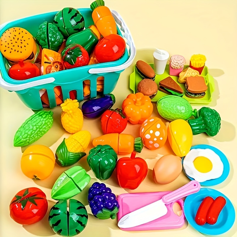 Fun Little Toys 35 Pcs Wooden Play Food for Kids Kitchen, Pretend Cutting  Food Toys,Dishes and Knife for Boys,Girls