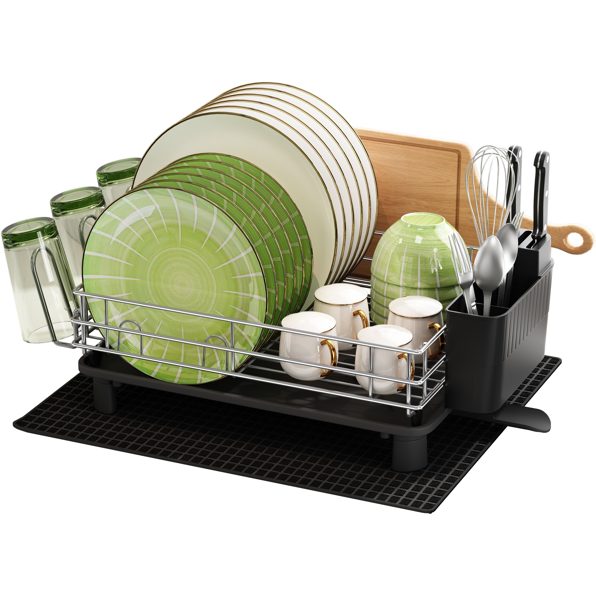 1 Tier Dish Drying Rack with Drainboard Set, Rust-Proof Drying Rack with  Utensil Holder and Dryer Mat