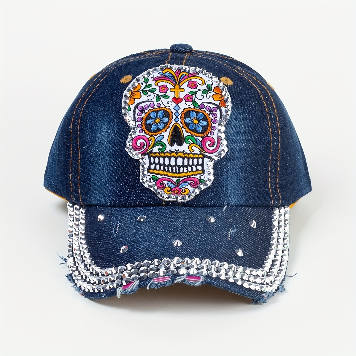 Rhinestone Y2k Denim Baseball Skull Cross Flower Patch - Temu