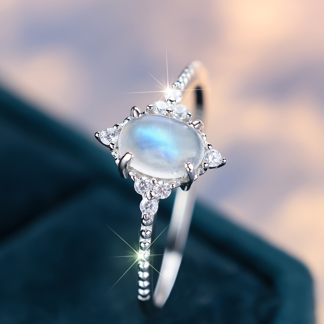 Handcrafted S925 Silver Rhombus Ring with Oval Moonstone