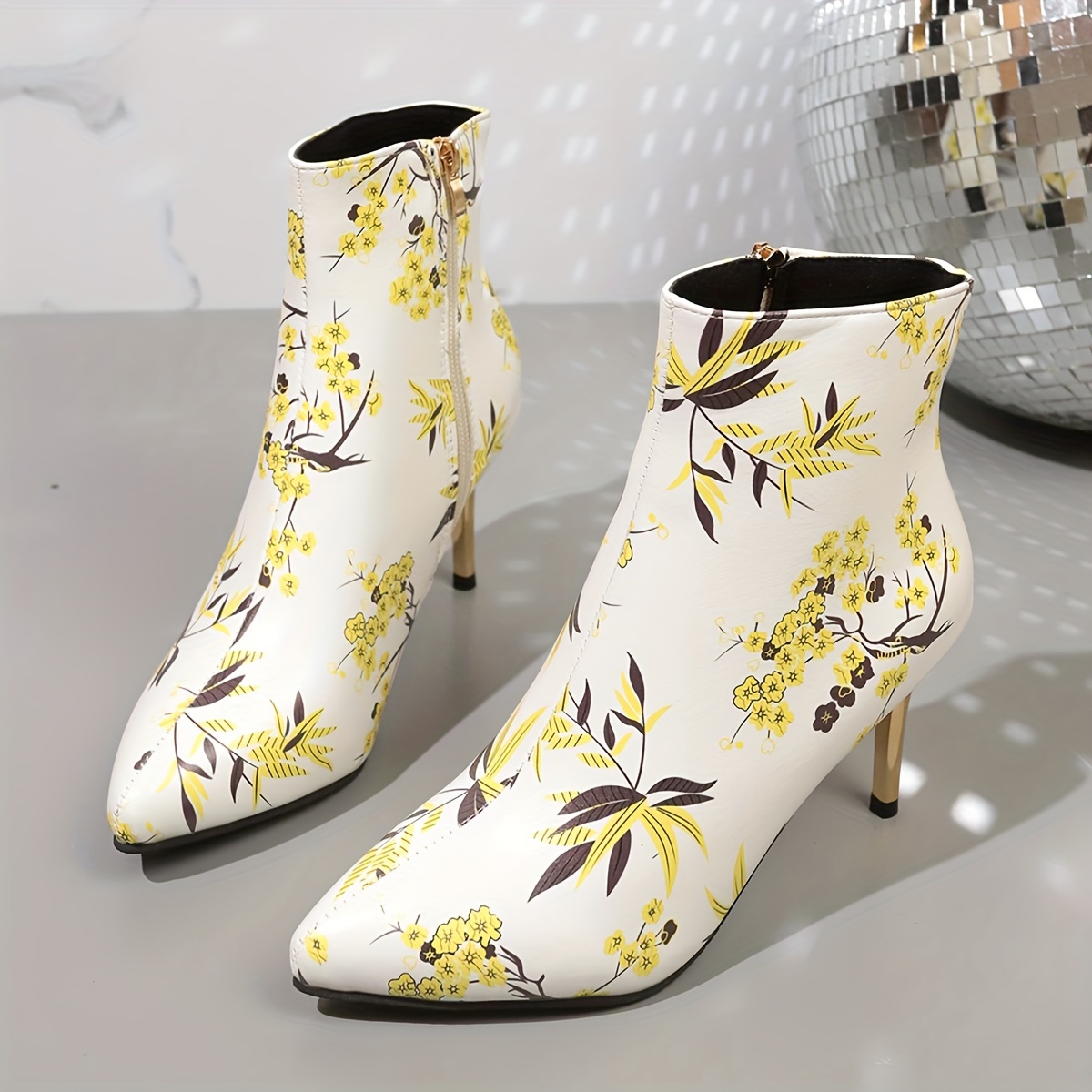 Women's Floral Pattern Boots Side Zipper Casual High Heel - Temu