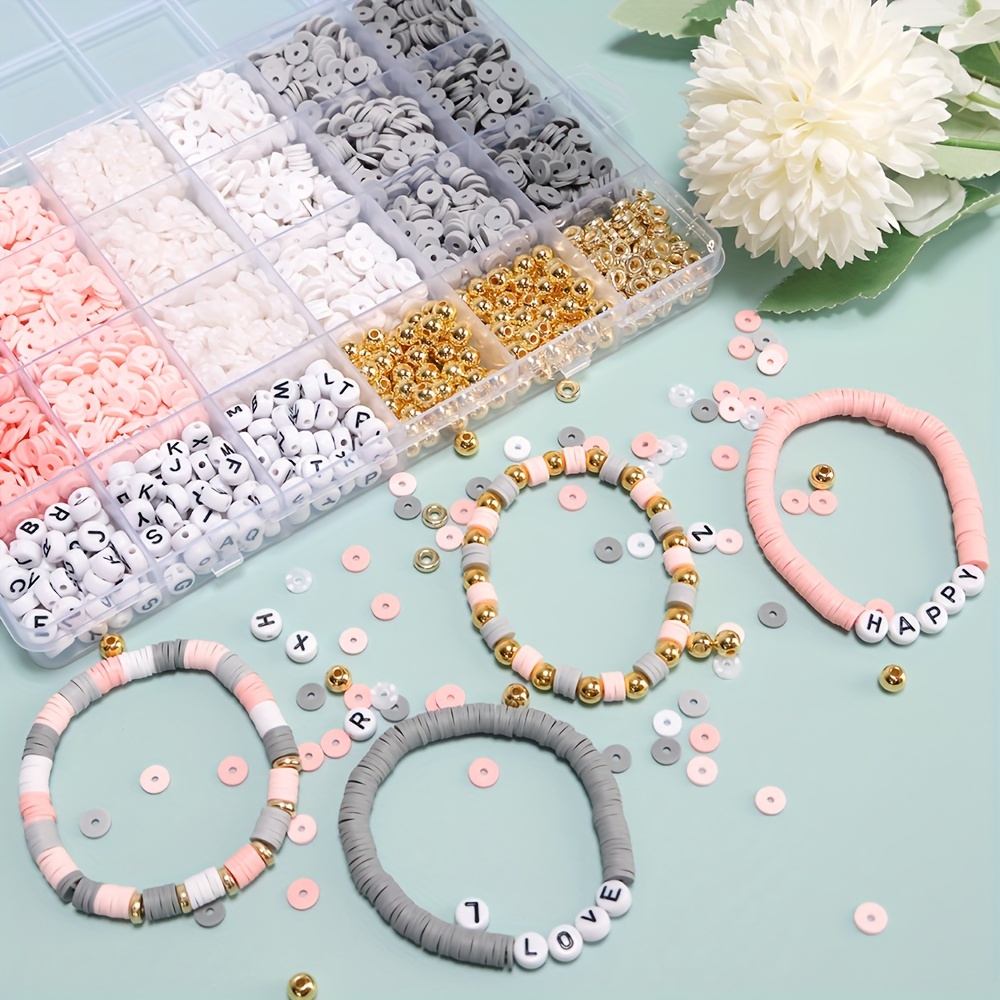 Clay Beads Bracelet Kit Friendship Bracelet Kit for Girls,letter Beads Pink White  Clay Beads Kit Pearl Gold Beads for Jewelry Making