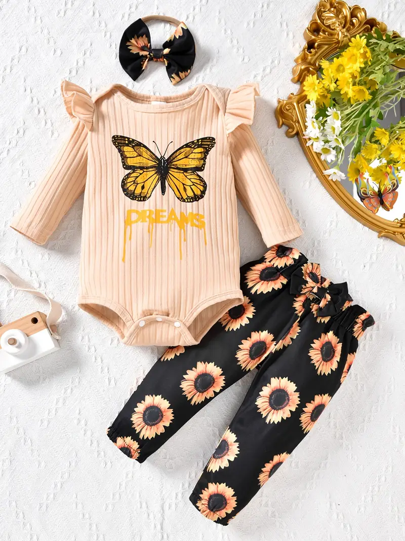Baby Girls Cute 3pcs Outfit - Flying Sleeve Butterfly Letter Print Romper  Top + Sunflower Bow Trousers Set With Free Sunflower Hairband, Kids Spring A