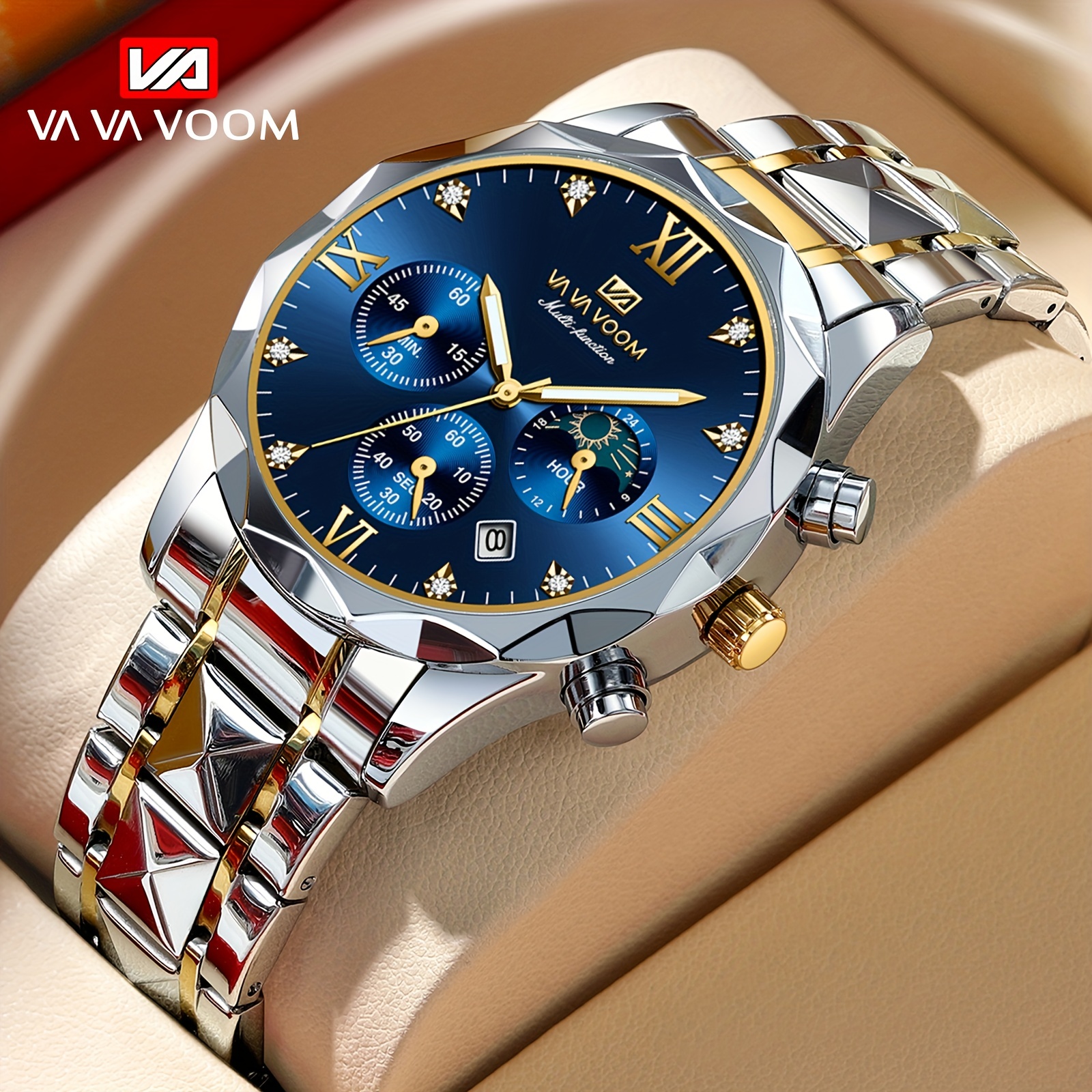 Mens Sports Watch Va Va Voom Multifunctional Time Code Clock Stainless  Steel Strap Blue Gradual Gold Luxury Rhinestone Business Quartz Watch For  Mens Jewelry Watches, Today's Best Daily Deals