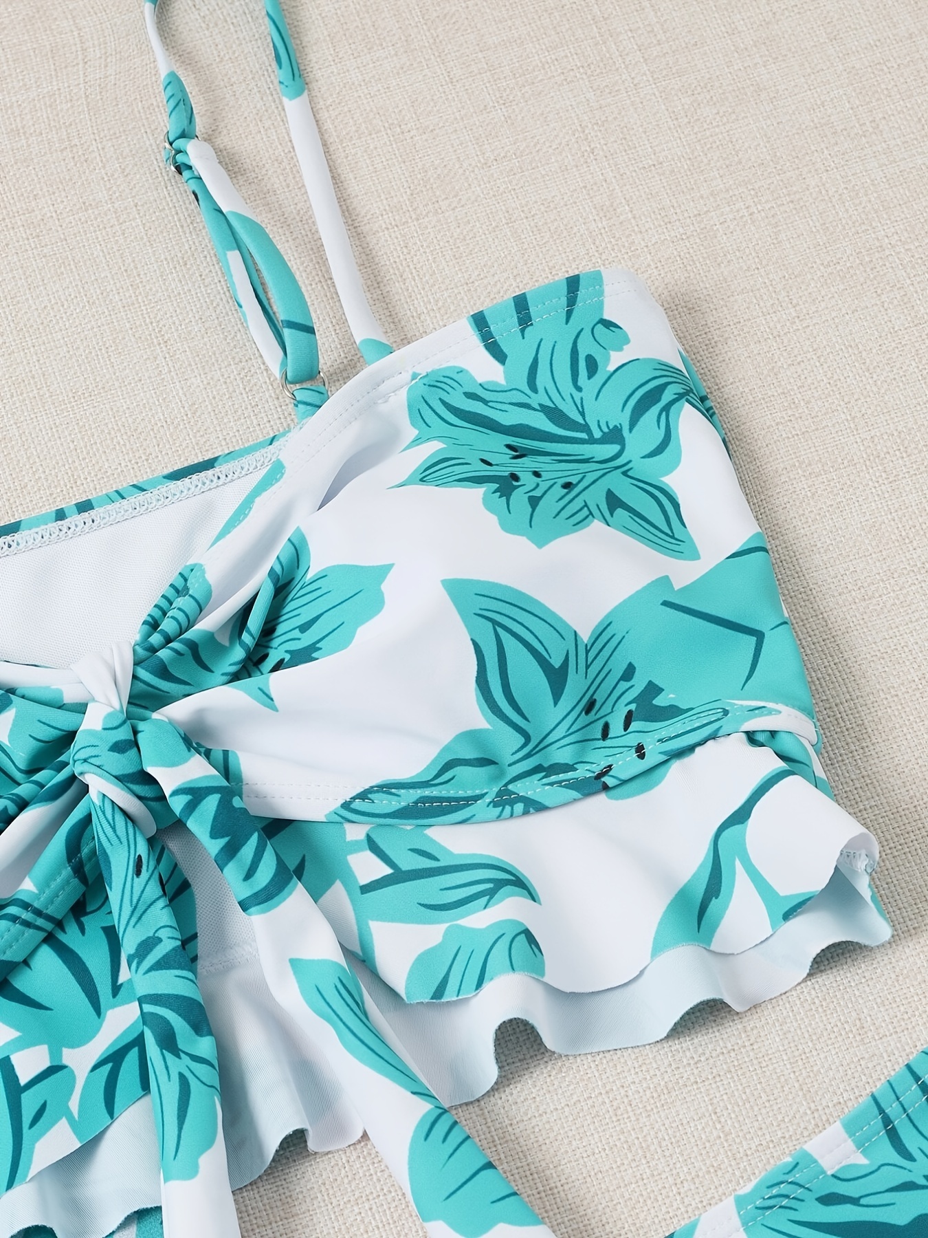 Floral Print Bikini Sets Tie Front Lettuce Trim High Cut - Temu