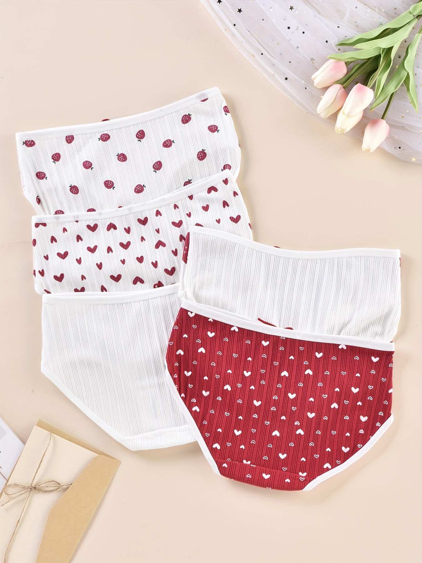 Strawberry Heart Print Bikini Panties Breathable Waist - Temu