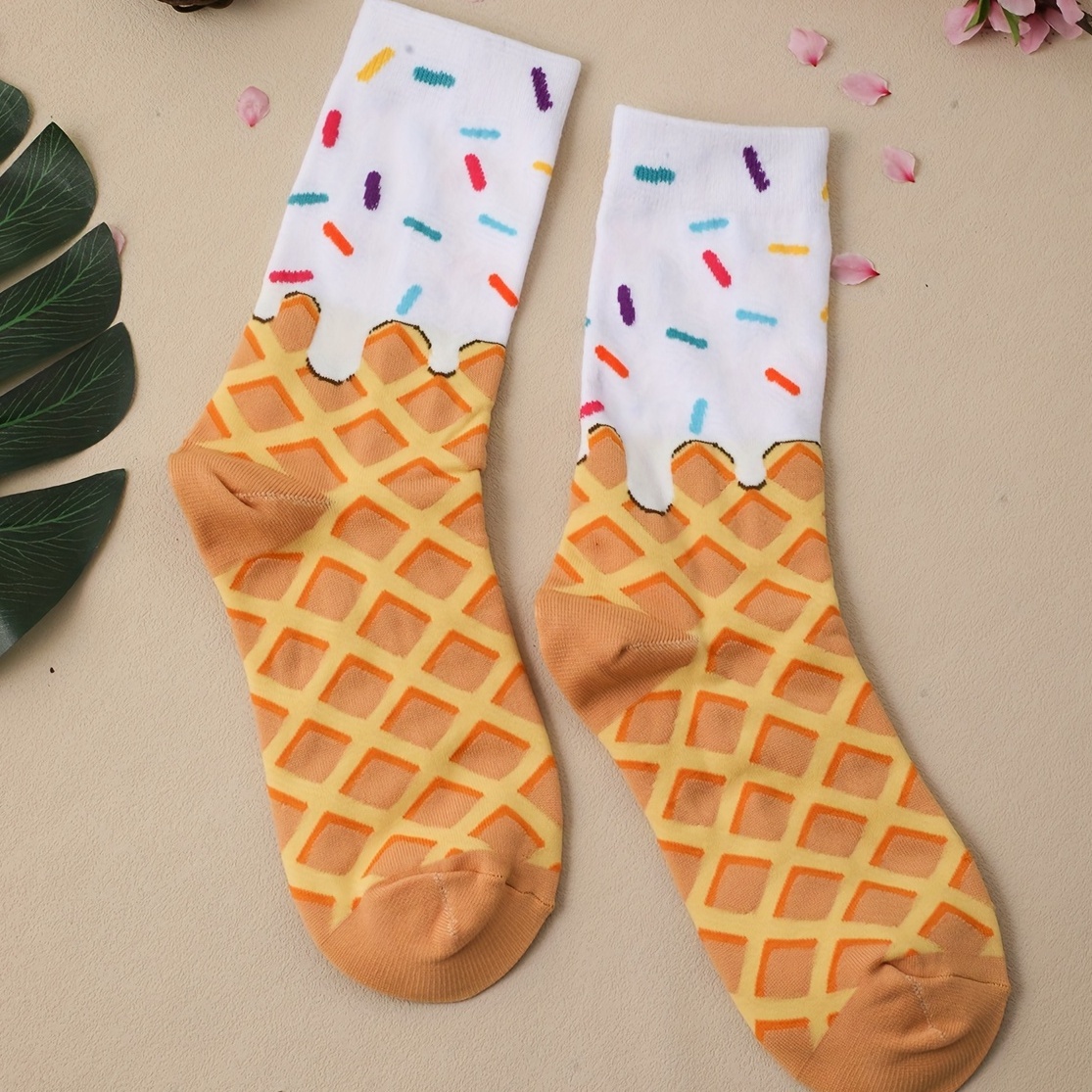 

1 Pair Women's Ice Cream Cone Mid-calf Socks - Design, Soft Polyester & Spandex , Breathable Knit - Casual Wear, Funny Socks