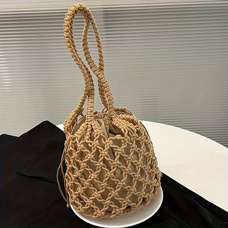 

Summer Beach Knitted Bucket Satchel Bag, Minimalist Solid Color Handbag With Insert Drawstring Pouch