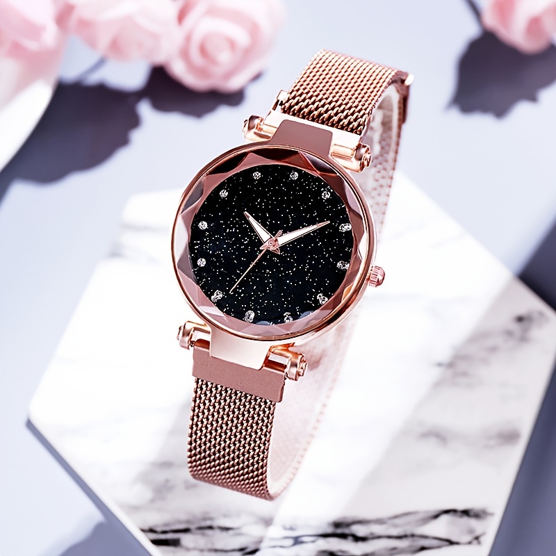 Starry Sky Simple Magnet Mesh Strap Ladies Watch Sparkling Temu