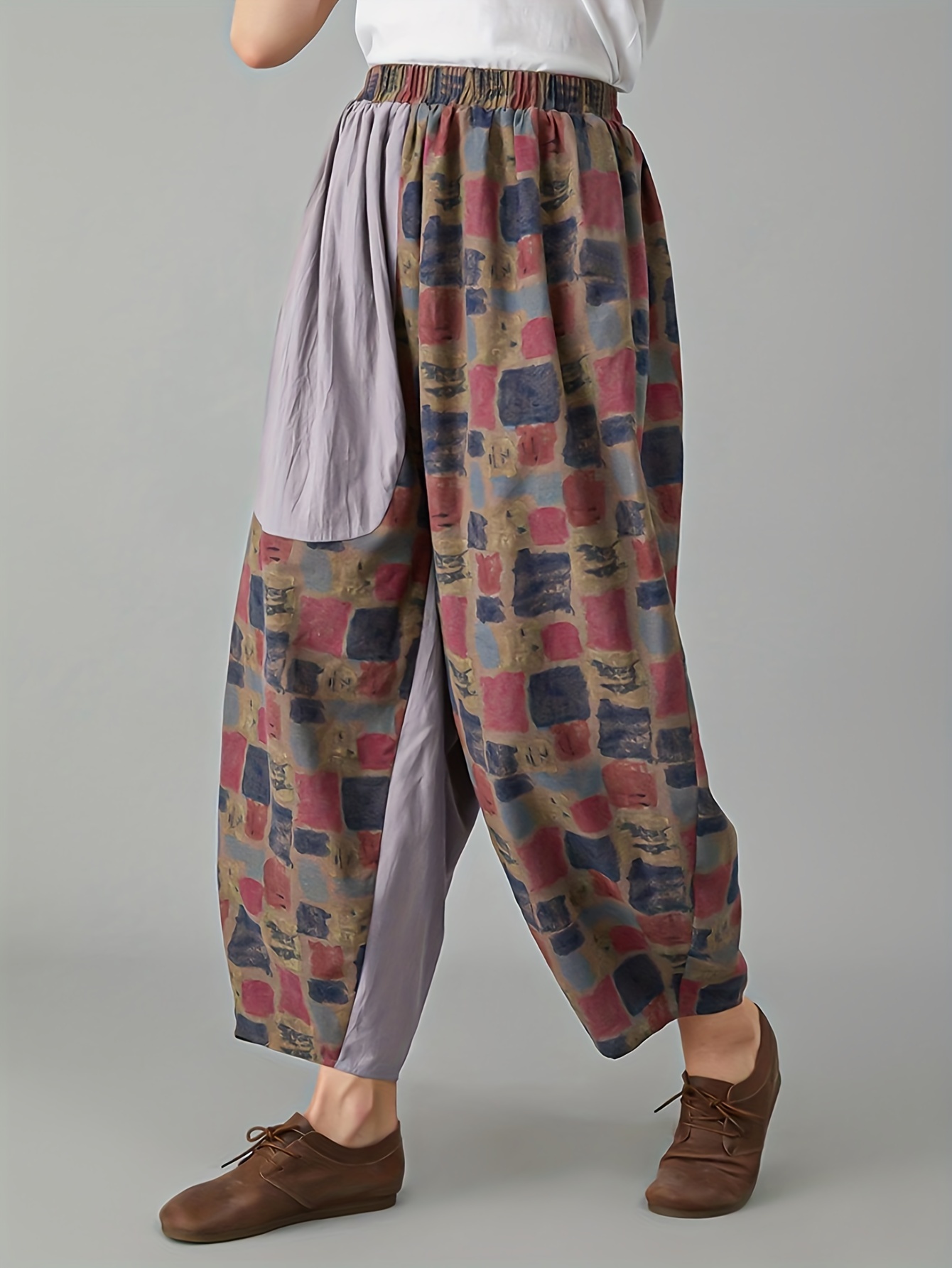 Plus Size Boho Pants, Women's Plus Paisley Print Slight Stretch Beach Pants  With Pockets