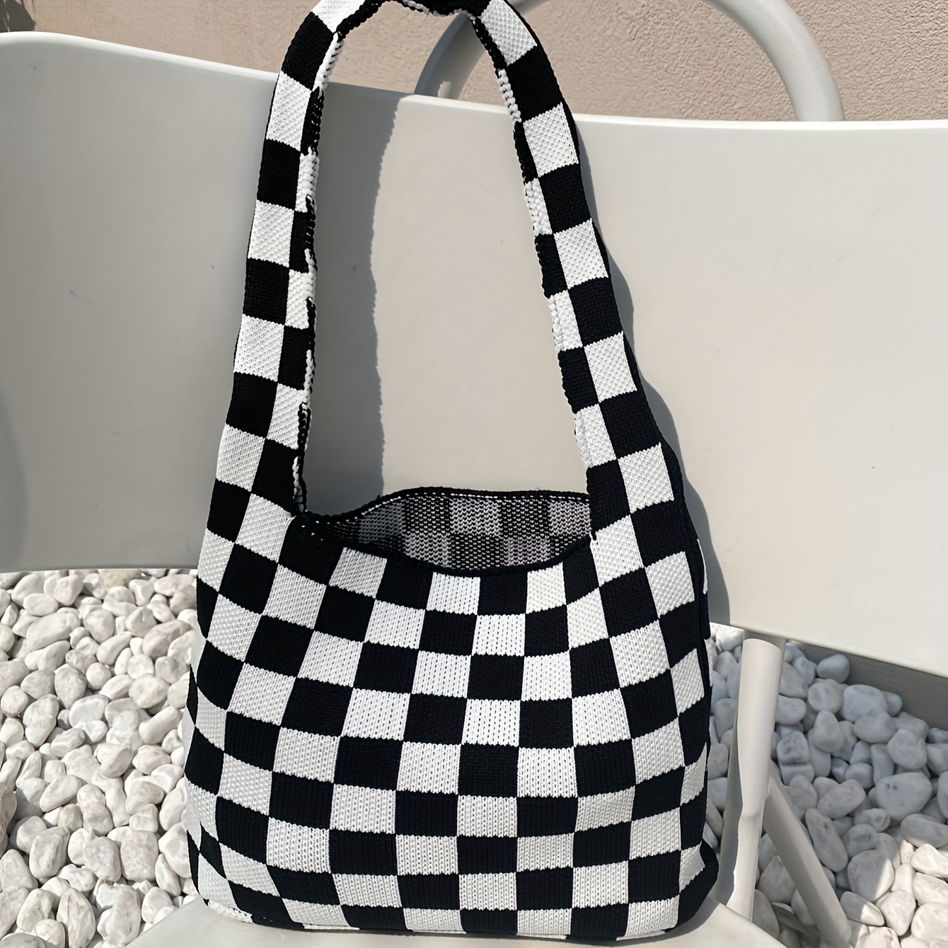 Large Capacity Checkerboard Pattern Knitted Bag, All-match Crochet Handbag,  Minimalist Shoulder Bag - Temu