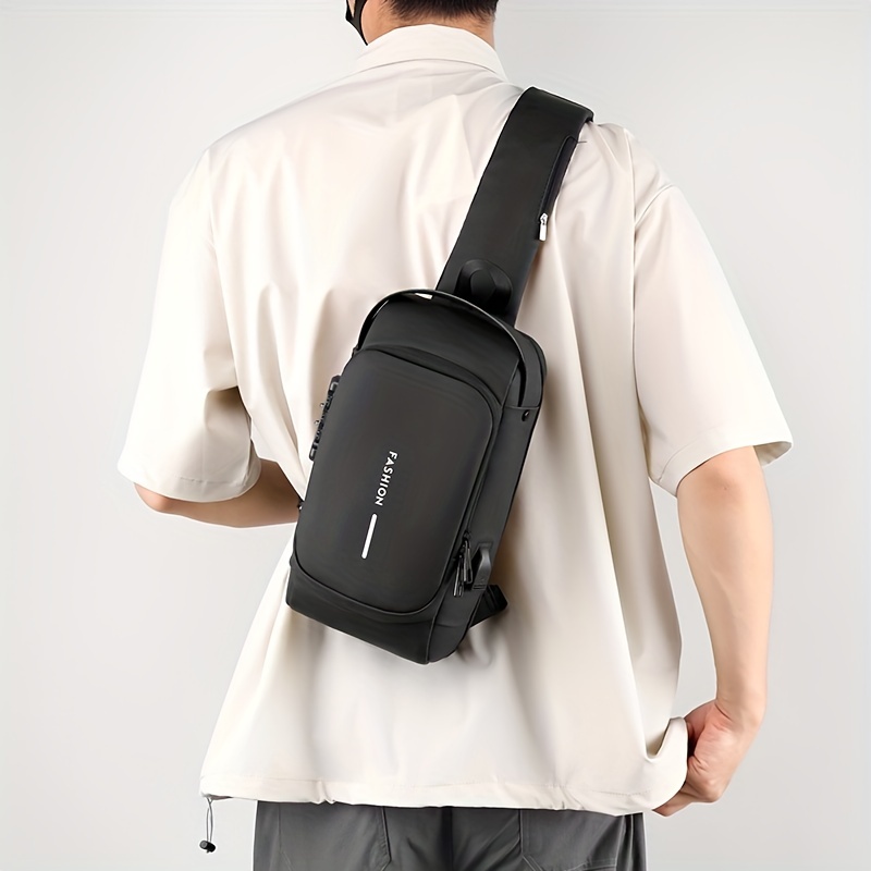 Men's Leather Sling Bag, Chest Shoulder Backpack, Waterproof Crossbody Bag Swith USB Charging Port