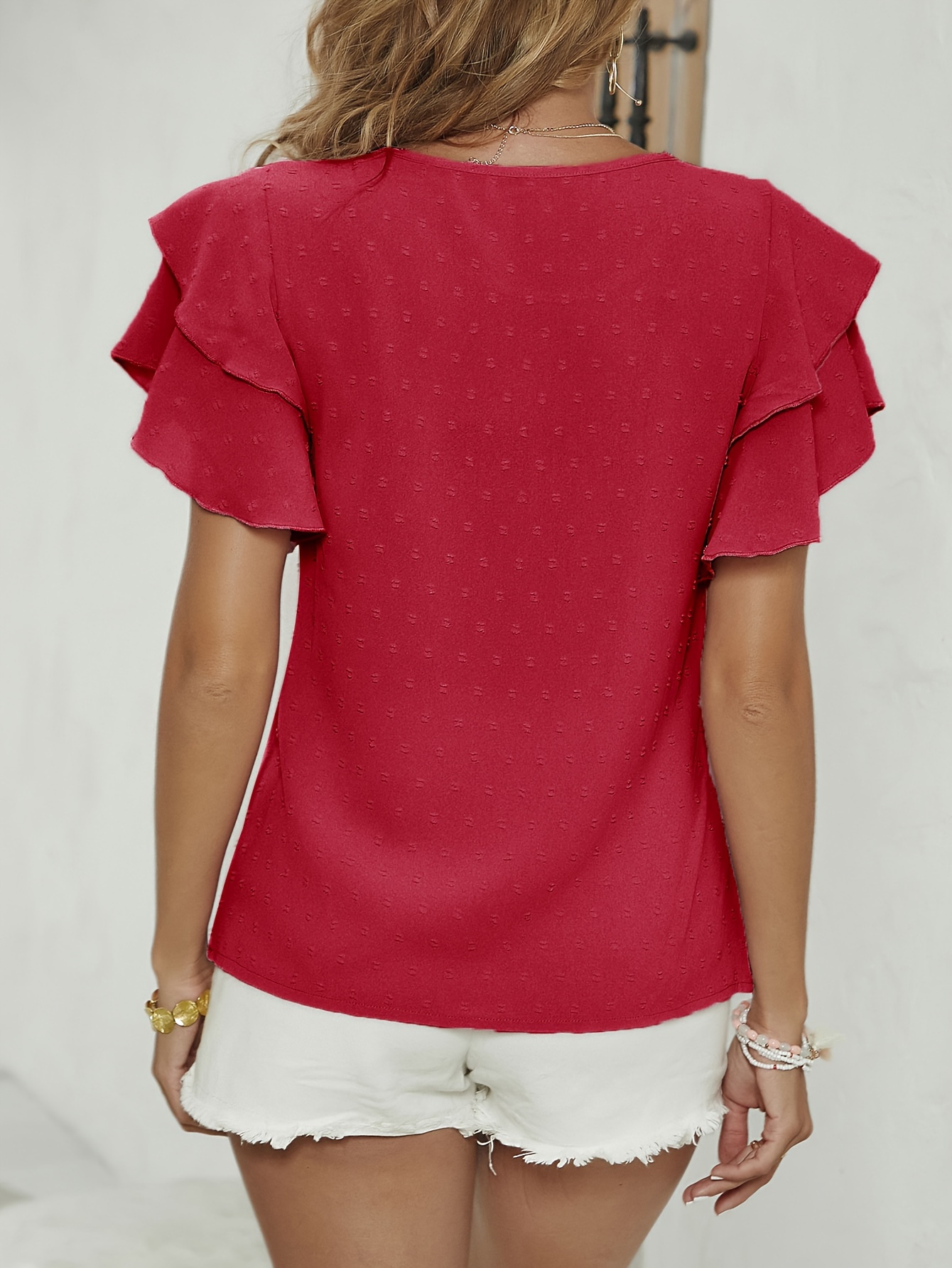 Solide Swiss Dot-Bluse Mit Rundhalsausschnitt, Elegante - Lagenärmeln, Temu Mit Germany Bluse Damenbekleidung