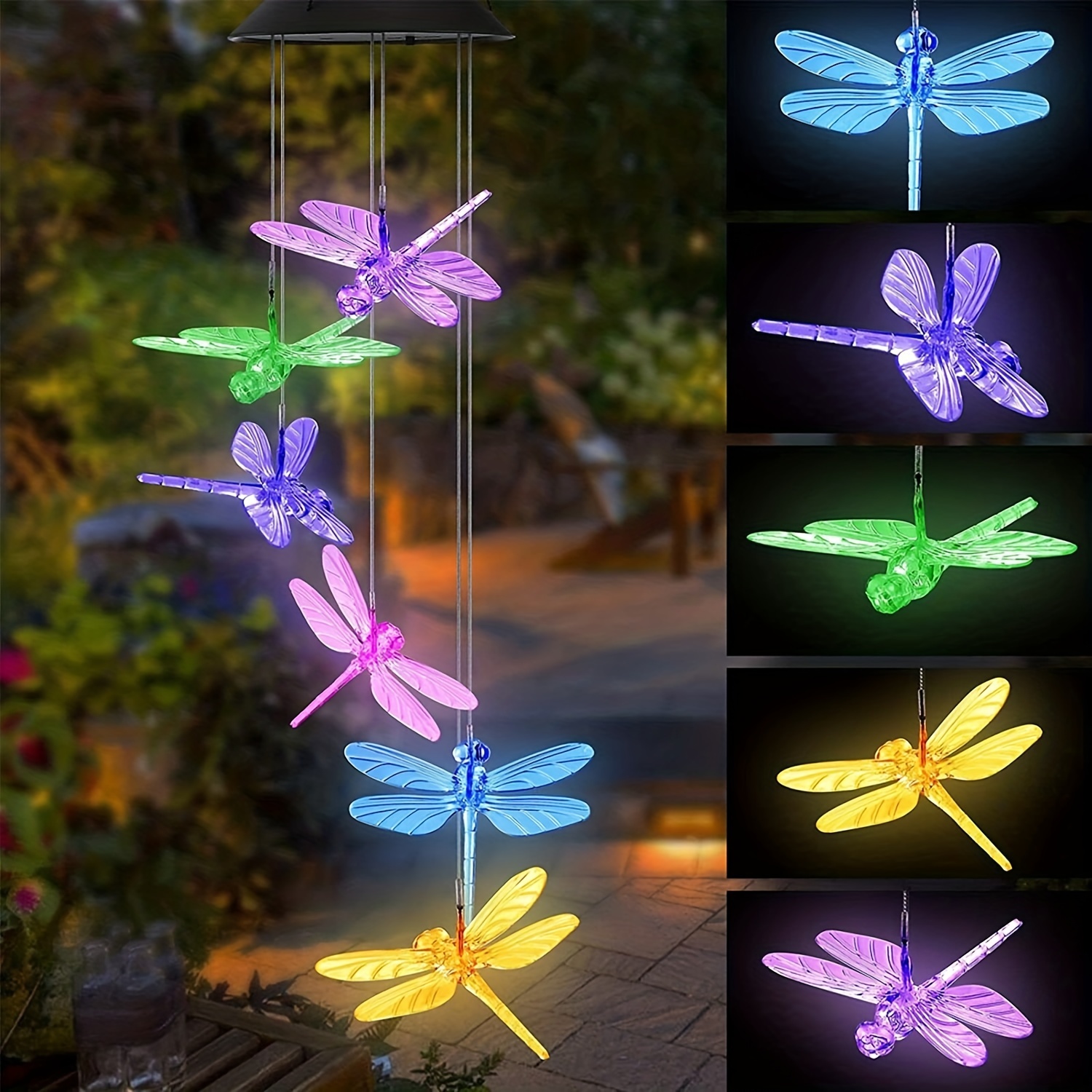 

1pc Solar Wind Chimes Lights, Waterproof Green Dragonfly Shape Color Changing Lights, Romantic Wind Bell Light Led Solar Mobile Hanging Decor For Garden Patio