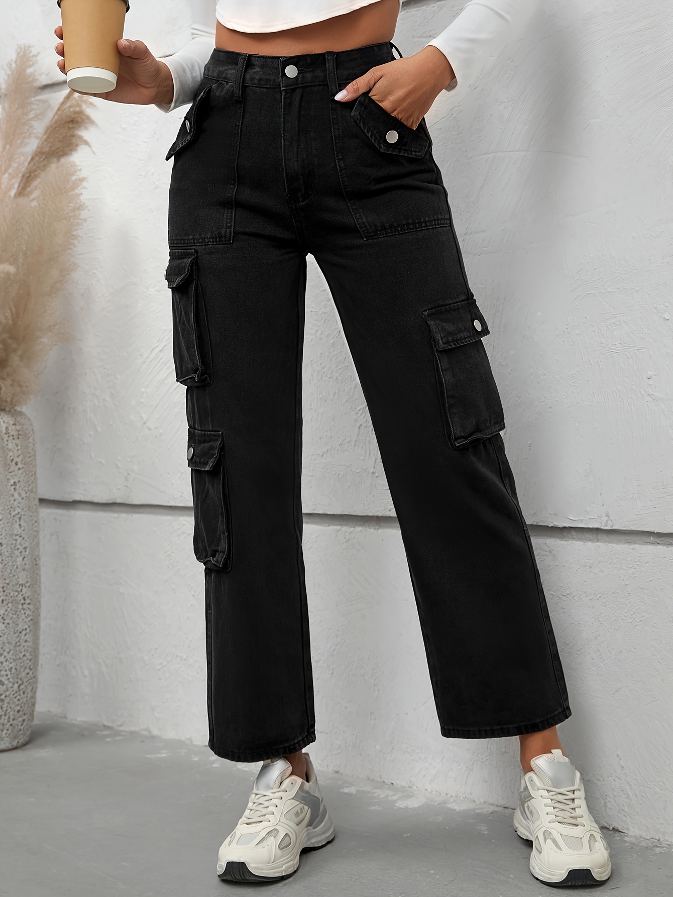 Black Loose Fit Cargo Pants Buckle Decor Flap Detail Street - Temu New  Zealand