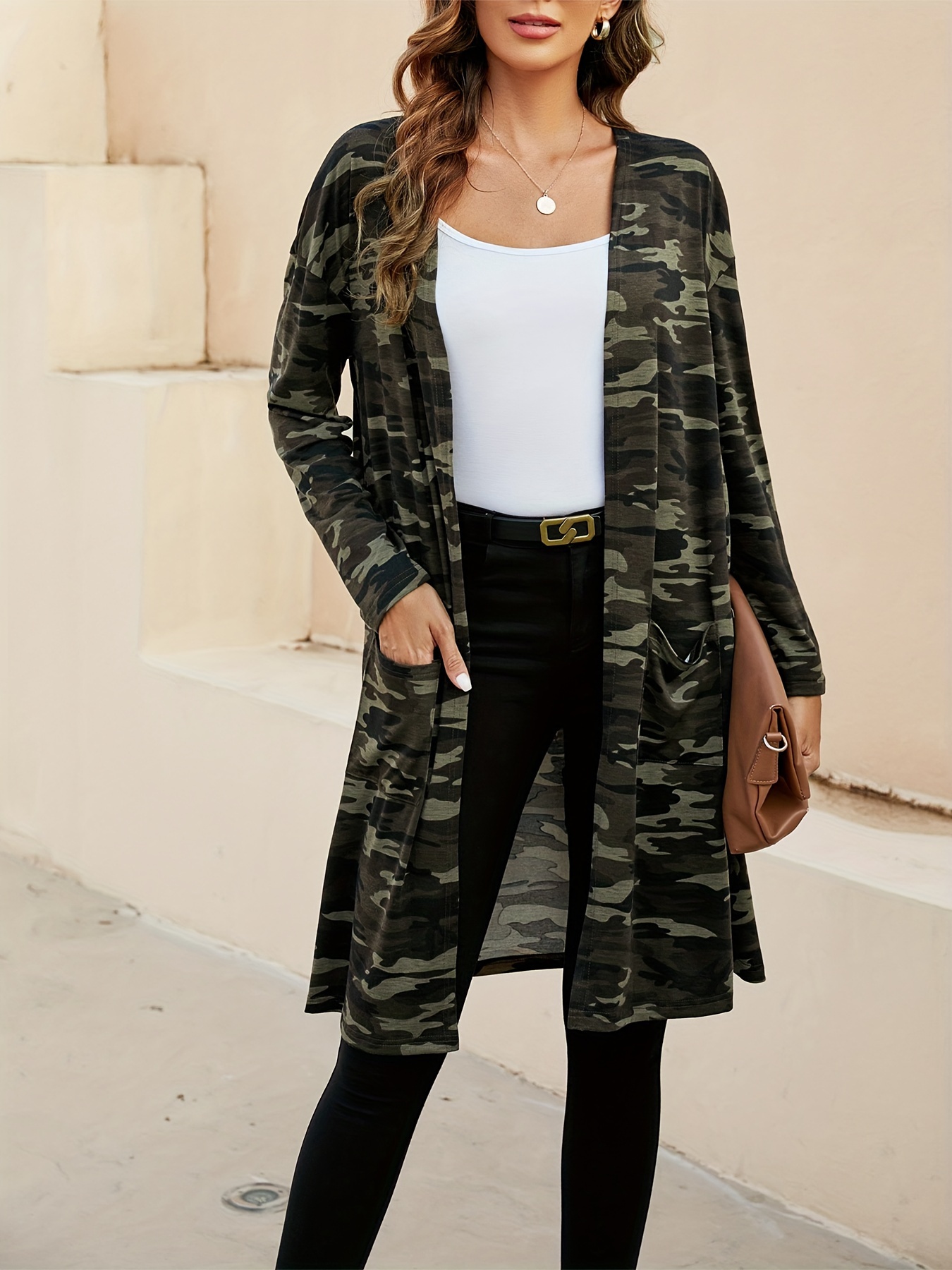 camo print mid length coat casual open front long sleeve outerwear womens clothing