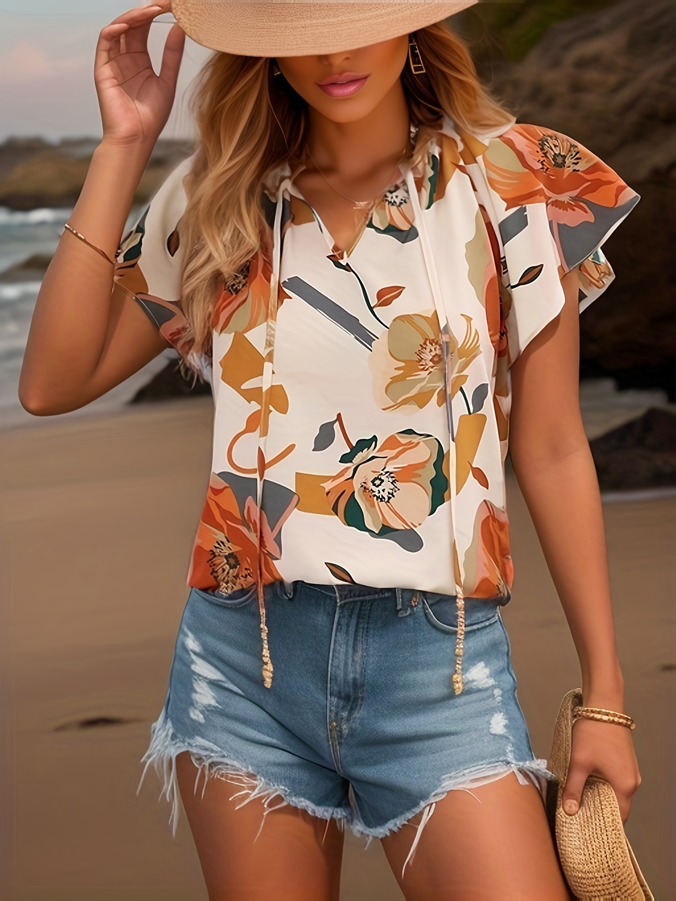 Full Printed High Neck Blouse, Casual Short Sleeve Tie Back Blouse, Women's  Clothing