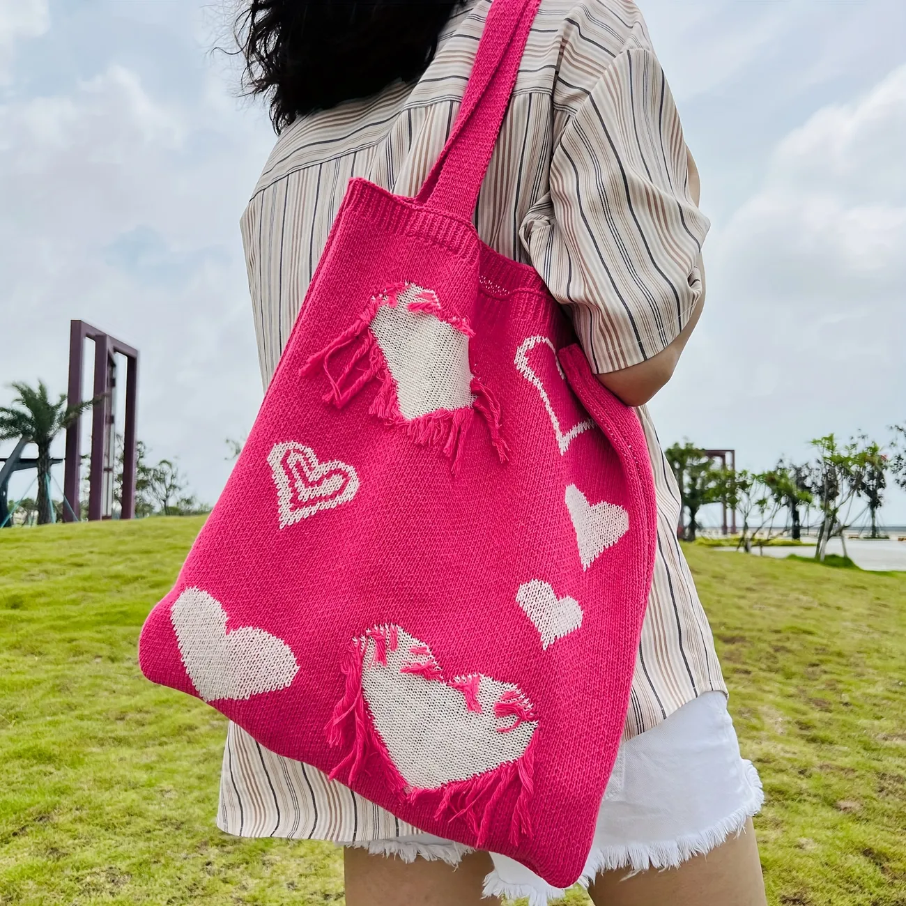 Y2k Heart Print Knitted Tote Bag, Grunge Crochet Hobo Bag, Women's