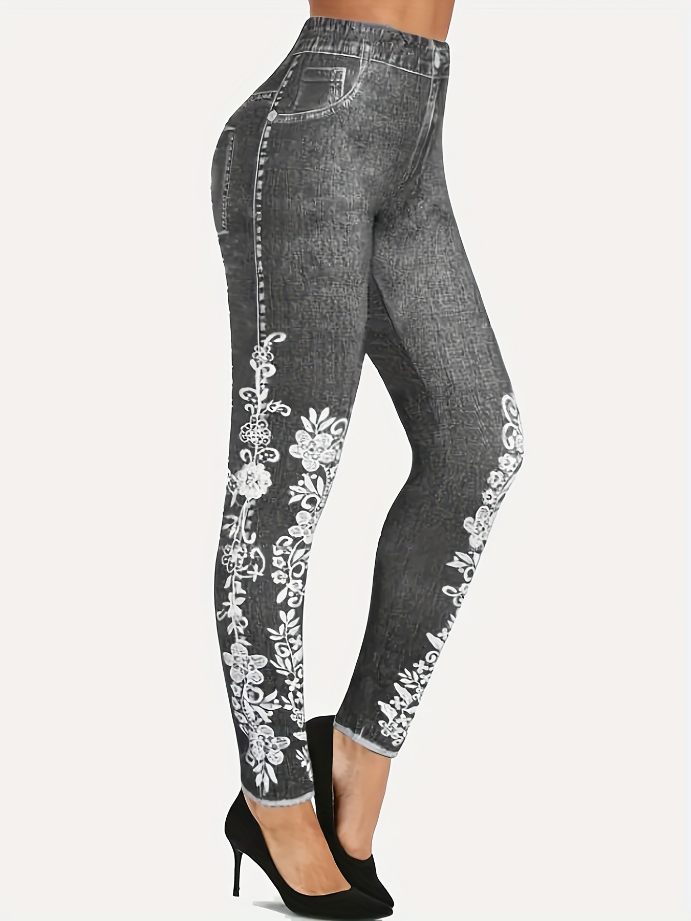 Women's Leggings Faux Denim Floral Printed Yoga Pants Casual - Temu