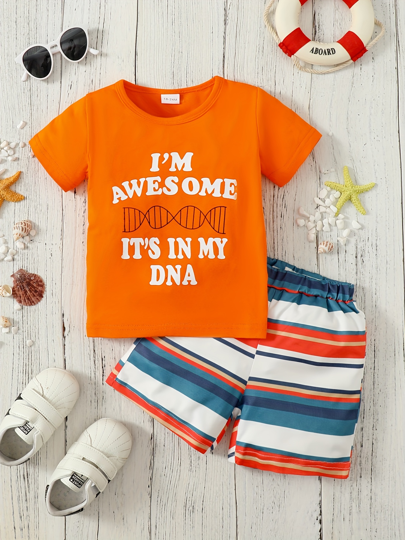 2pcs Kid Boy Funny Battery Charge Letter Print Short-sleeve Tee and Striped Shorts Set