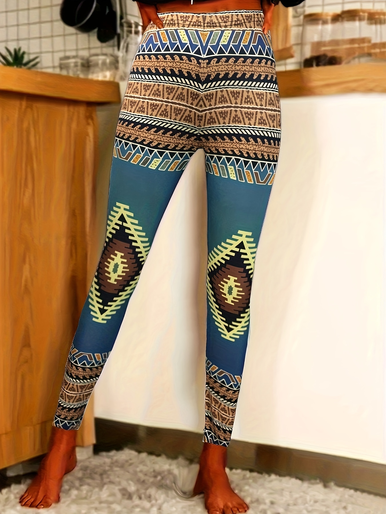 Western Aztec Print Skinny Leggings Casual Elastic Waist - Temu