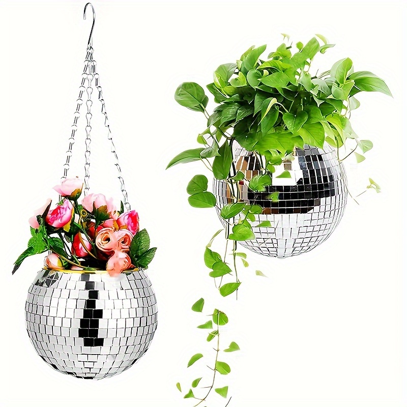 1pc, Disco Ball Hanging Flower Pot Mirror Reflective Hanging Basket  Christmas Gift Garden Decorations Indoor Ornaments Can Be Hanging Can Be  Placed Va