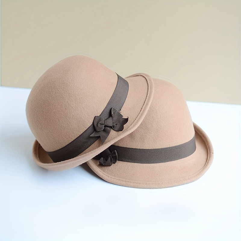 Women Wool Felt Short Brim Vintage Bowler Hats with Bowknot