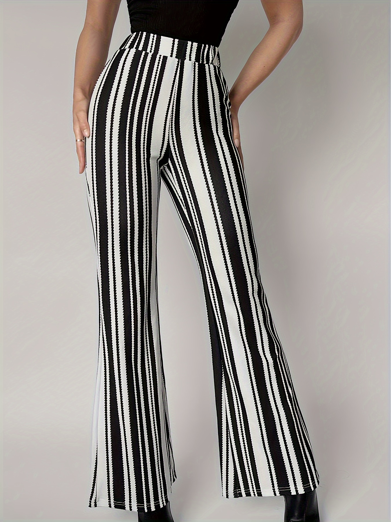 Black And White Striped Knitted Stacked Pants Woman Fashion High
