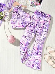girls fashion 2pcs swirls print asymmetric halter top flared pants set trendy 2 piece summer outfit details 5
