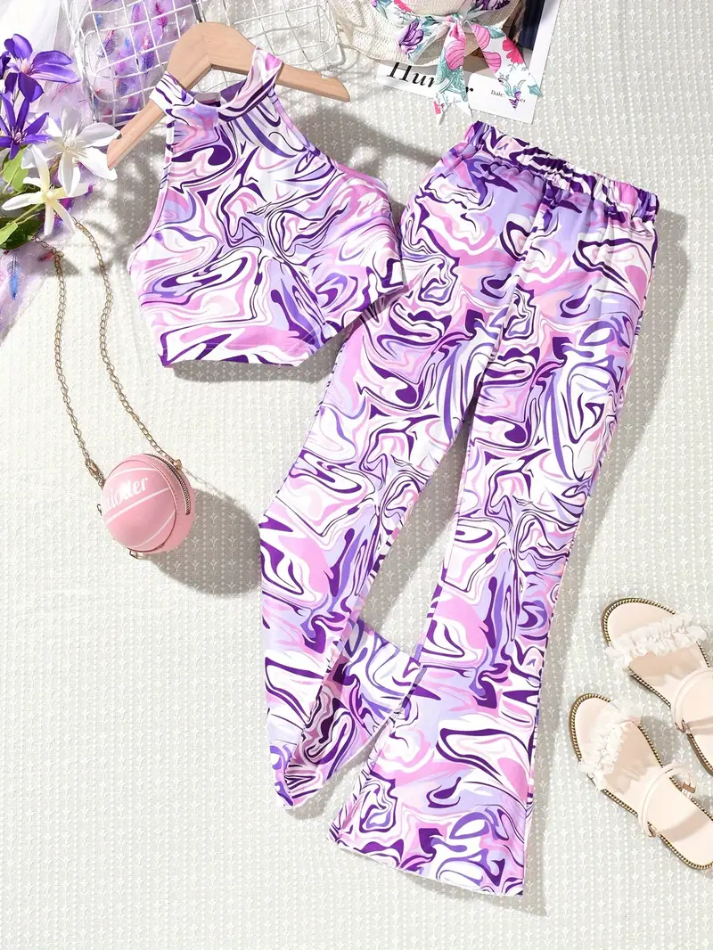 girls fashion 2pcs swirls print asymmetric halter top flared pants set trendy 2 piece summer outfit details 5