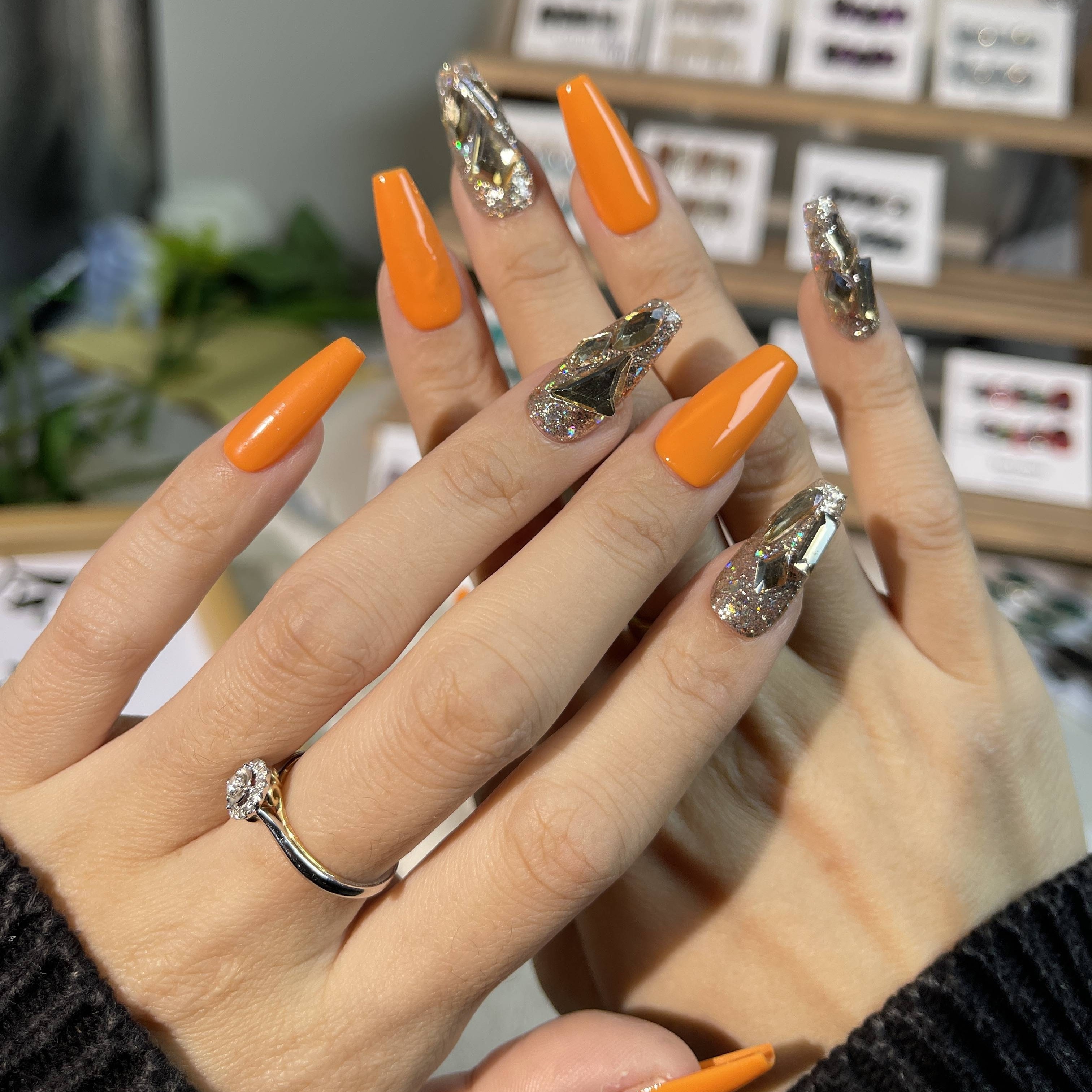 orange nails long | square ballerina nails 