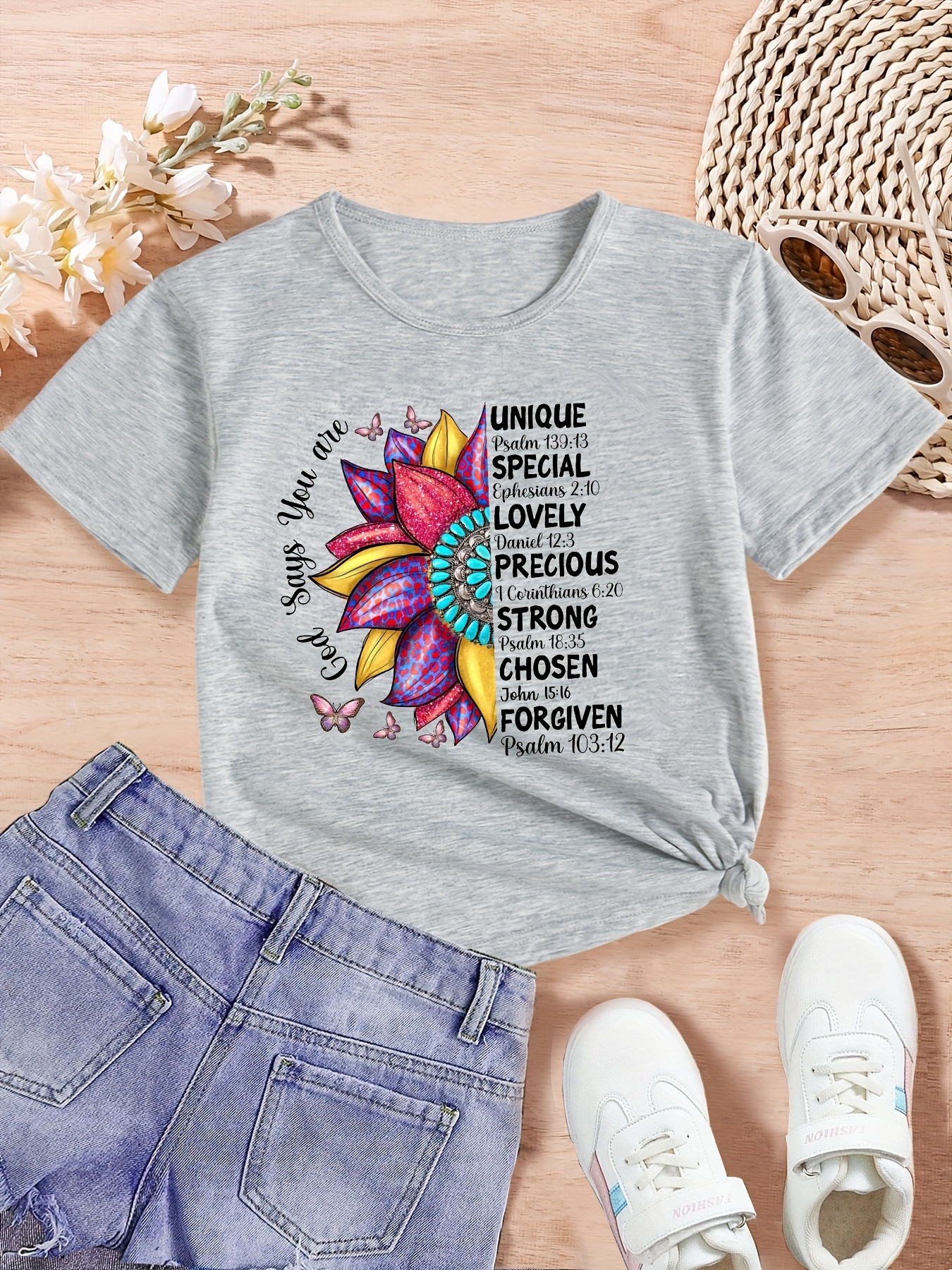 Sunflower And Letter Print Girls Creative T-shirt, Casual Lightweight Comfy  Short Sleeve Crew Neck Tee Tops, Kids Clothings For Summer