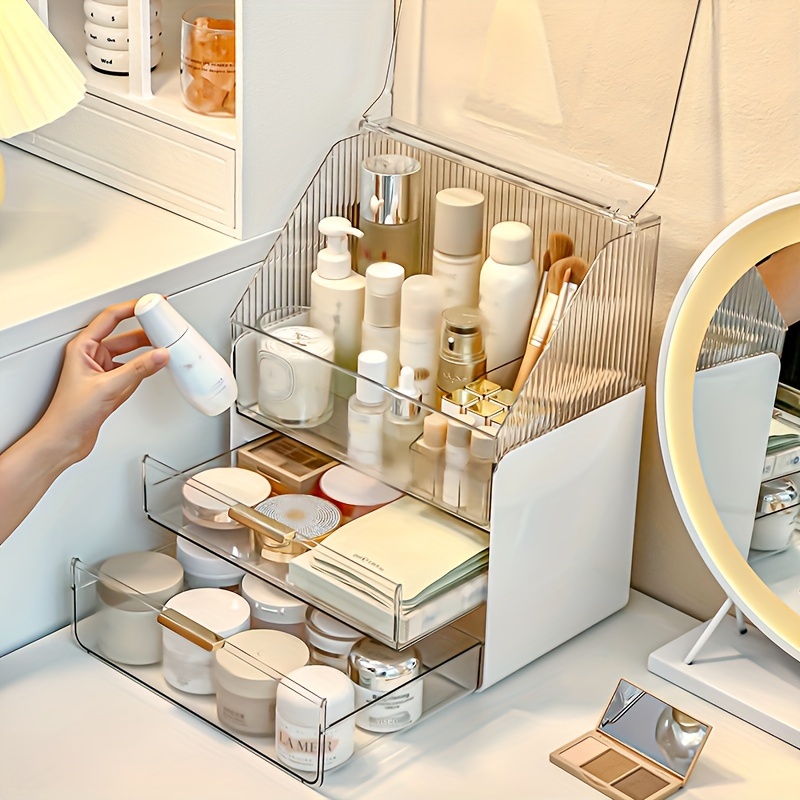 

1pc Transparent Cosmetic Storage Rack, Drawer Type Dustproof Makeup Storage Rack, Large Capacity Skincare Perfume Storage Container, Multi-functional Makeup Organizer, Vanity Decor