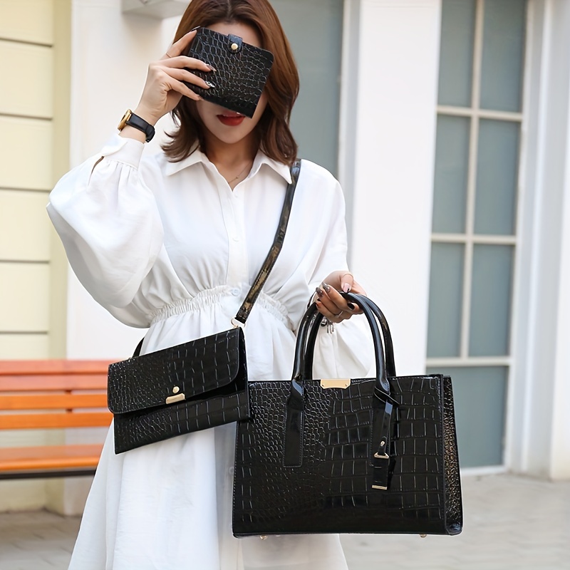 Classic Crocodile Embossed Bag Sets, Trendy Elegant Tote Bag With