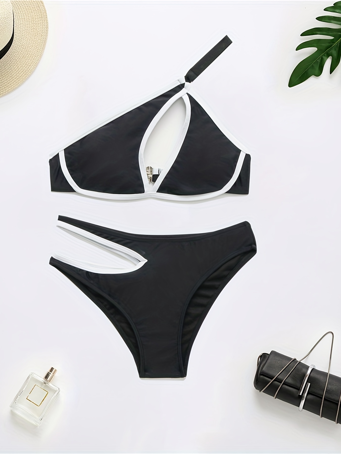Black One Shoulder Bikini Sets Asymmetrical Back Buckle Cut - Temu