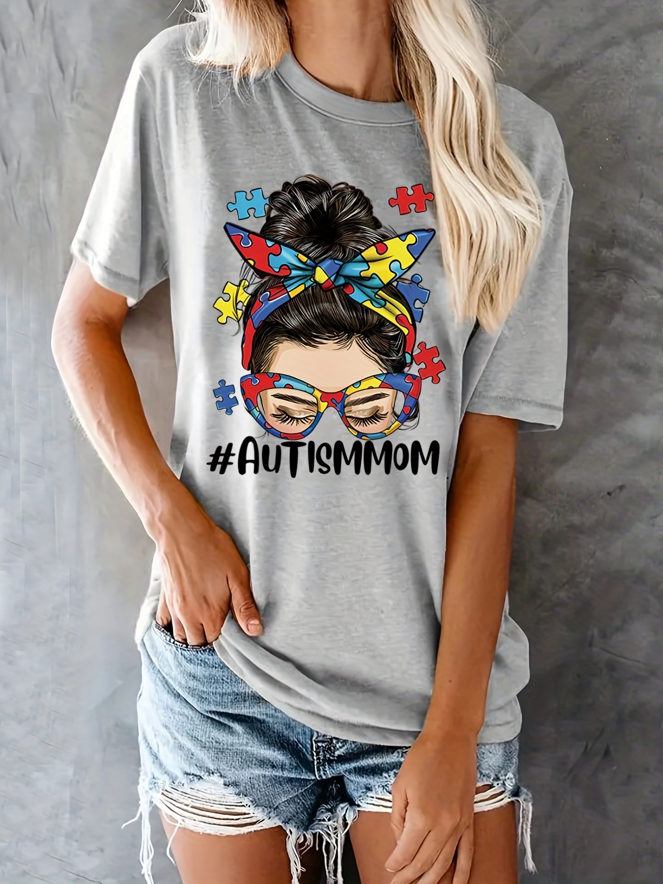 Autism Mom Print Graphic T-Shirt, Short Sleeve Crew Neck Casual Top For  Summer, Women's Clothing