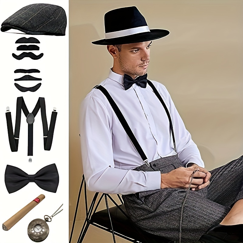 Men 20s Gangster Costume Kit Hat Tie Braces Moustache Spats Great Gats