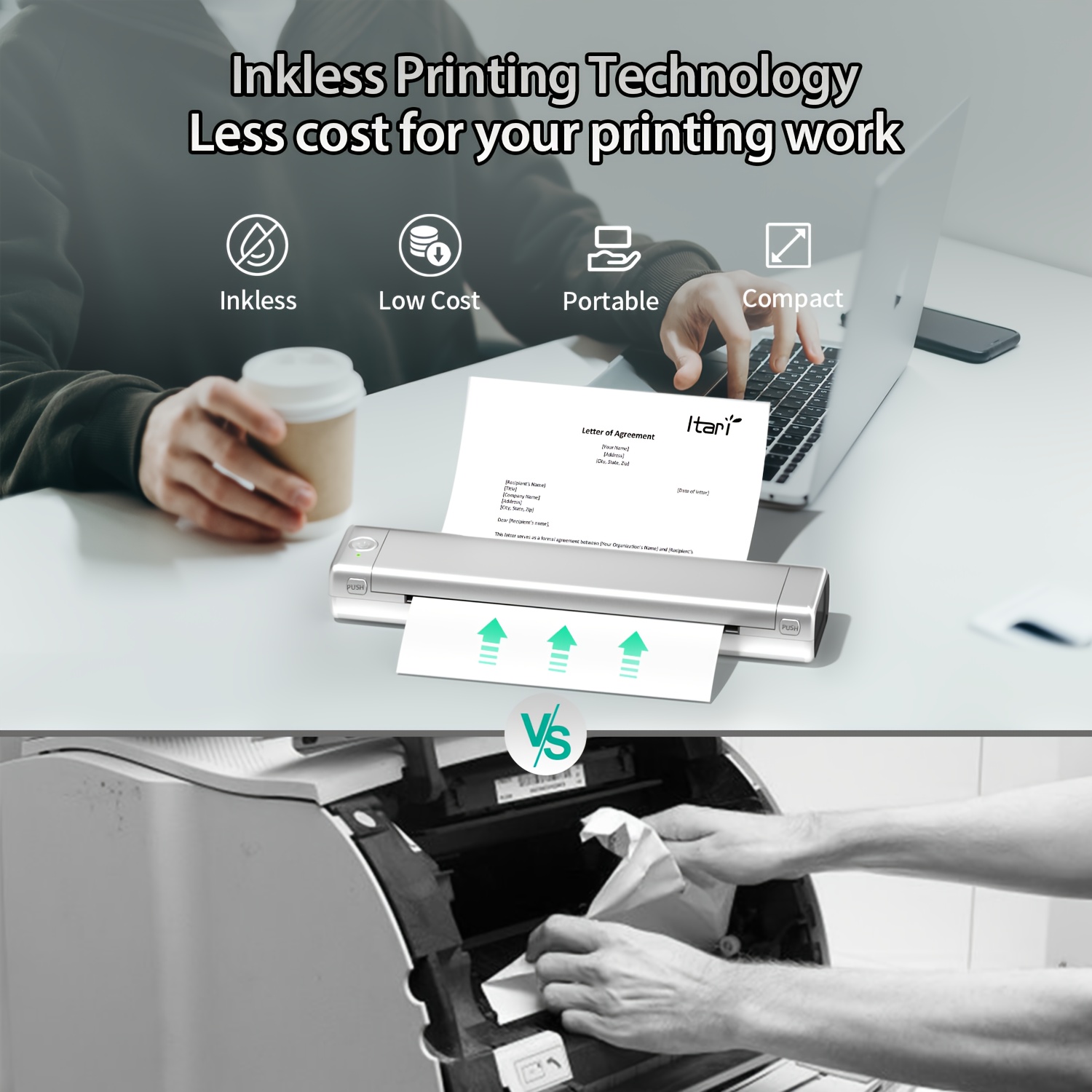 Itari Portable Thermal Printer Wireless, Small Bluetooth A4 Mobile Printer  for Home Use for Laptops, Inkless Travel Thermal Printer for Android & iOS