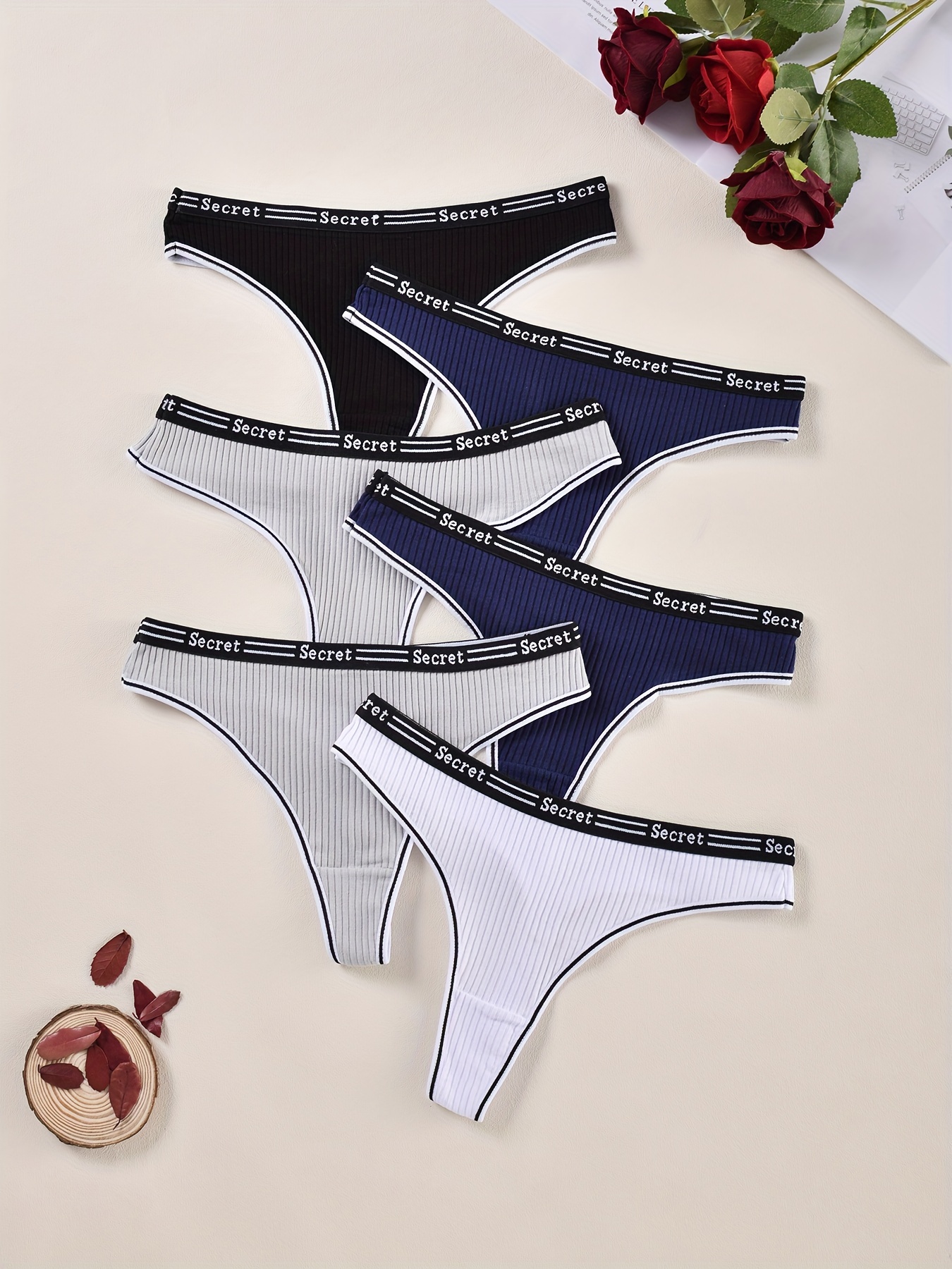 6pcs Letter Tape Ribbed Thongs, Soft & Comfy Stretchy Intimates Panties,  Women's Lingerie & Underwear