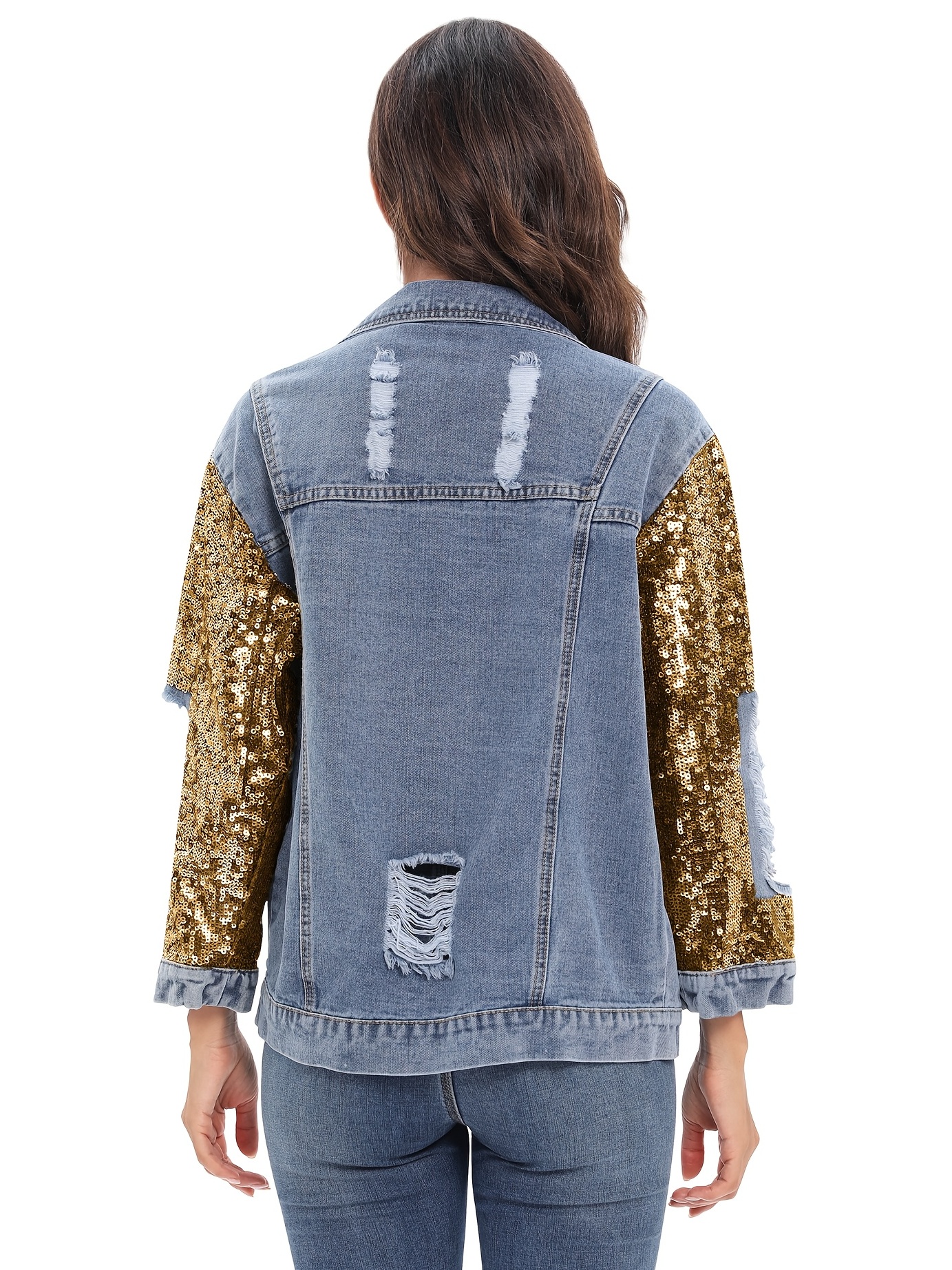 Sequin Long Sleeve Flap Pockets Denim Coats Distressed Temu Mexico