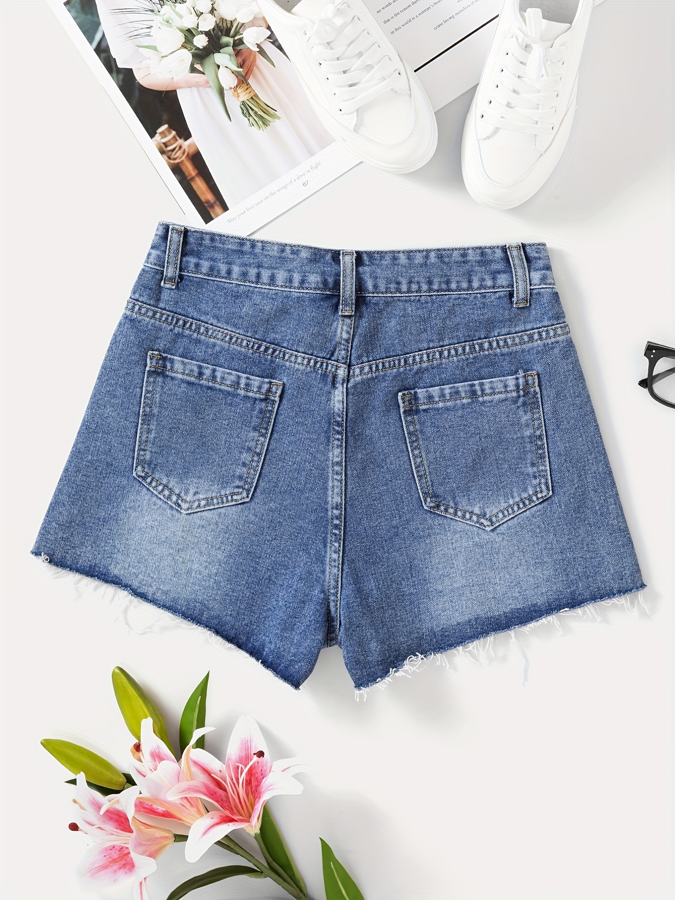 Blue Floral Embroidered Denim Shorts, Frayed Hem Non-Stretch Casual Denim  Shorts, Women's Denim Jeans & Clothing
