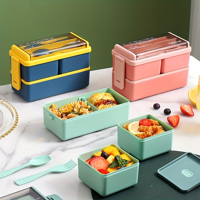 Plastic Lunch Box Microwavable Lunch Box Set Double Layer Divider With  Cutlery