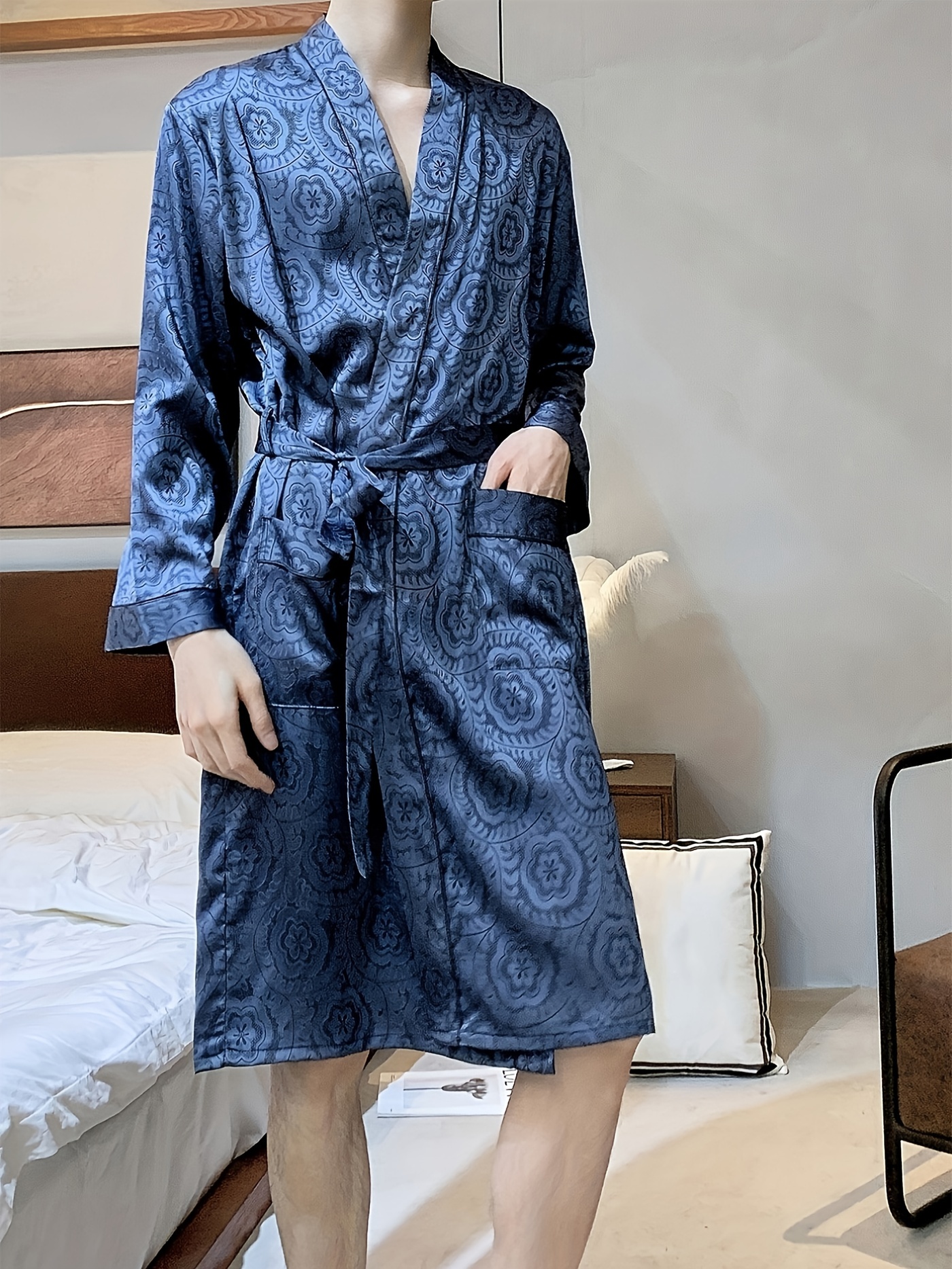 Luxury Designer Men's Silk Kimono Robe Novelty Long Sleeve Sleepwear  Bathrobe Oversized Satin Nightgown Summer Home Clothing